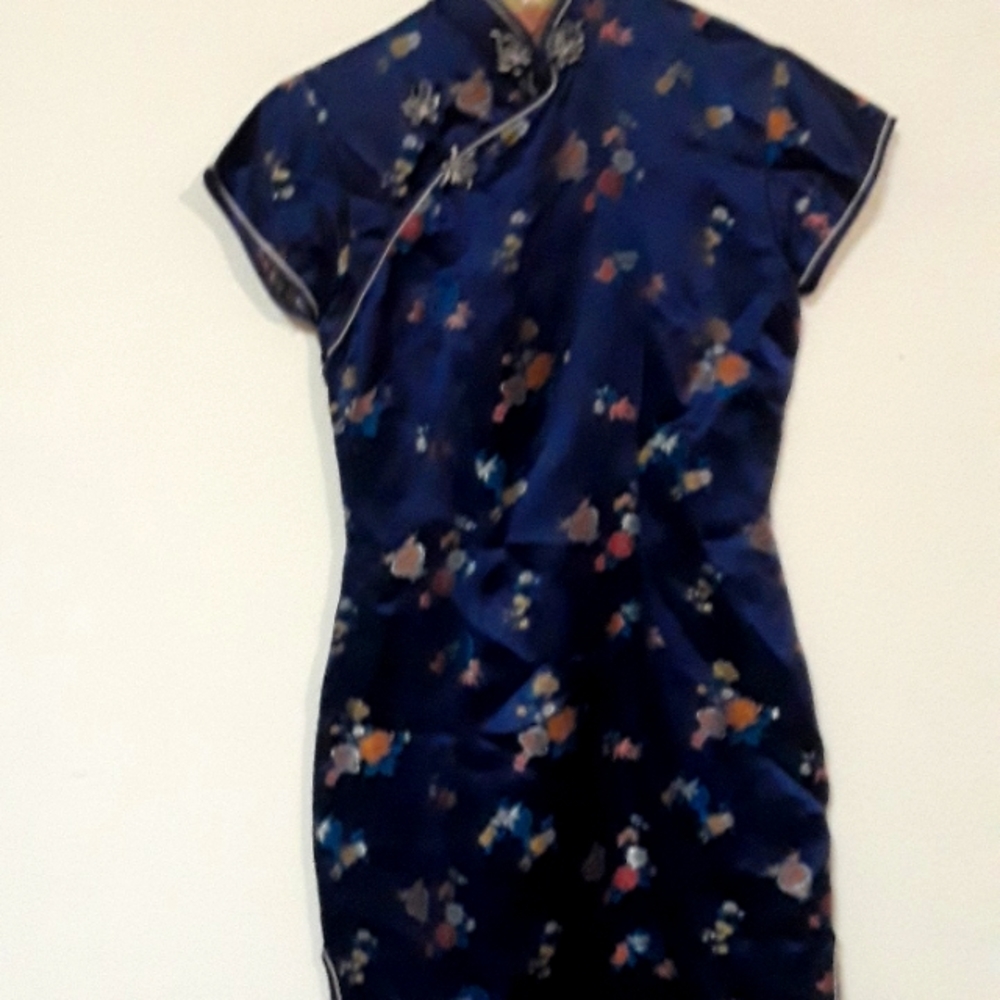 *CDR2 -  VTG. ORIENTAL ASIAN MIDNIGHT BLUE SZ.36 SATIN  DRESS